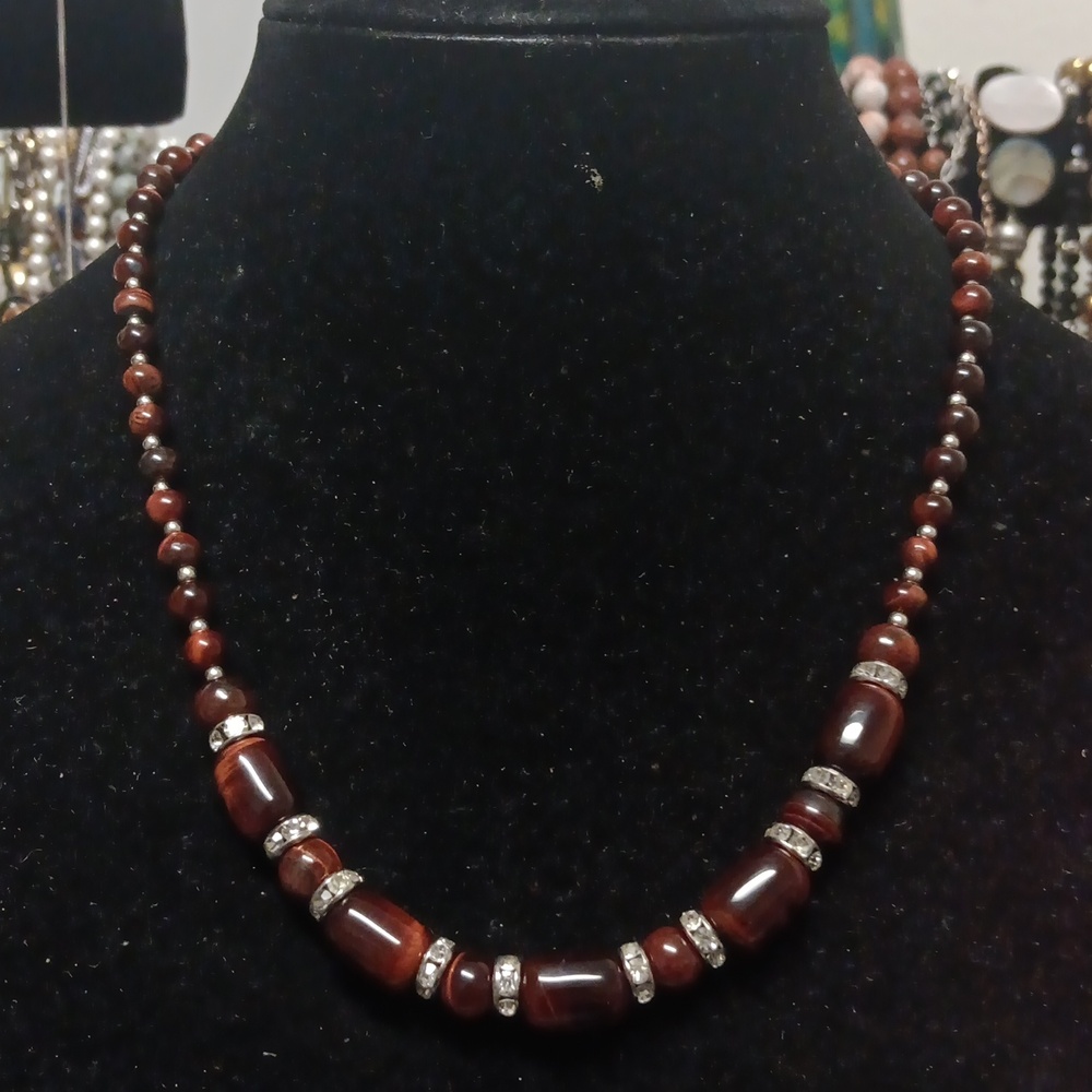 Red Tiger's Eye and Austrian Crystal 142.00 ctw Beaded Necklace in Silvertone